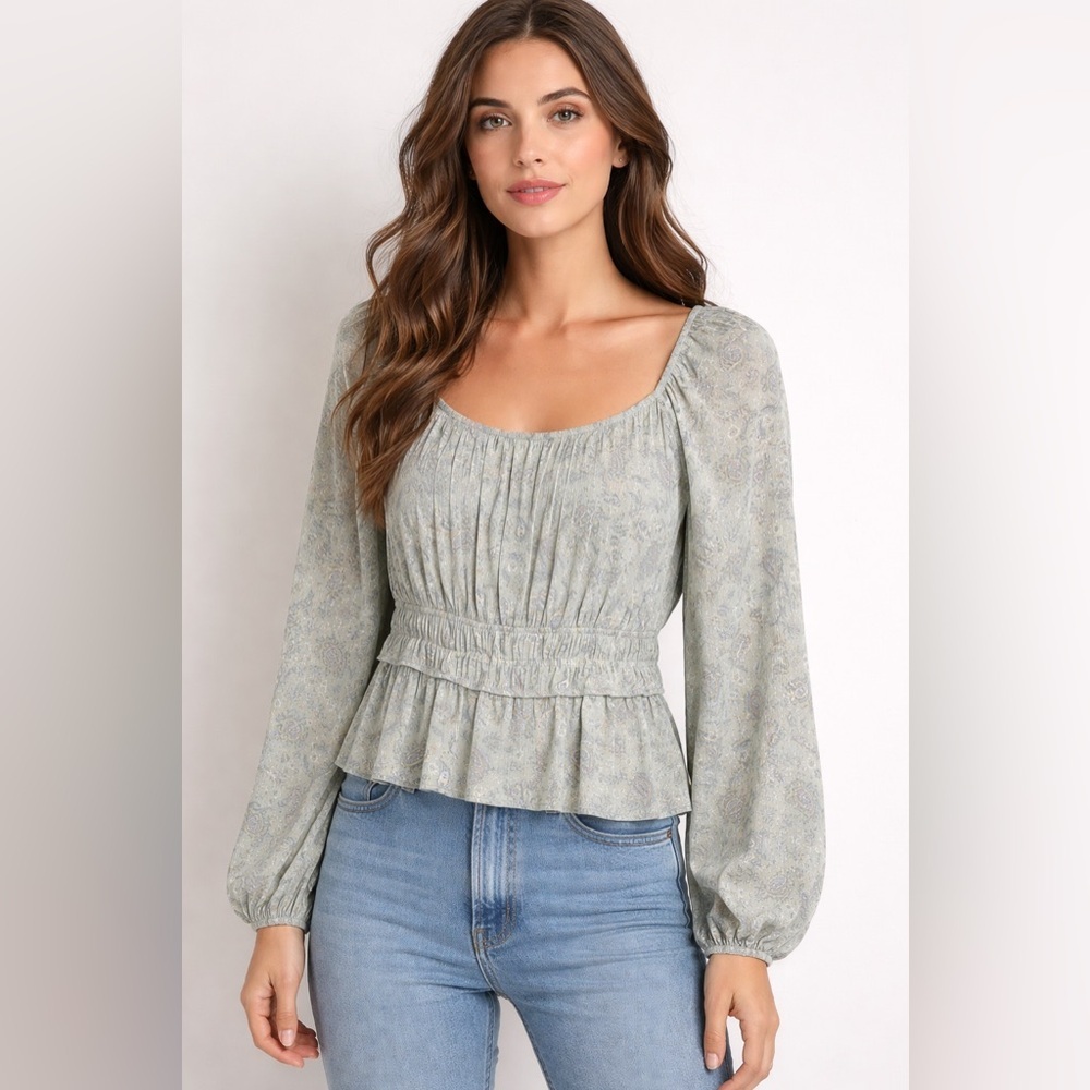 Boho Sage Green Paisley Peplum Blouse – Long Sleeve Square Neck (XXL)